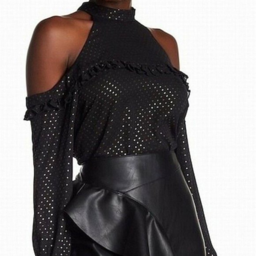 Supply & Demand Black and Gold Cold Shoulder Blouse with Gold Star Accent womens